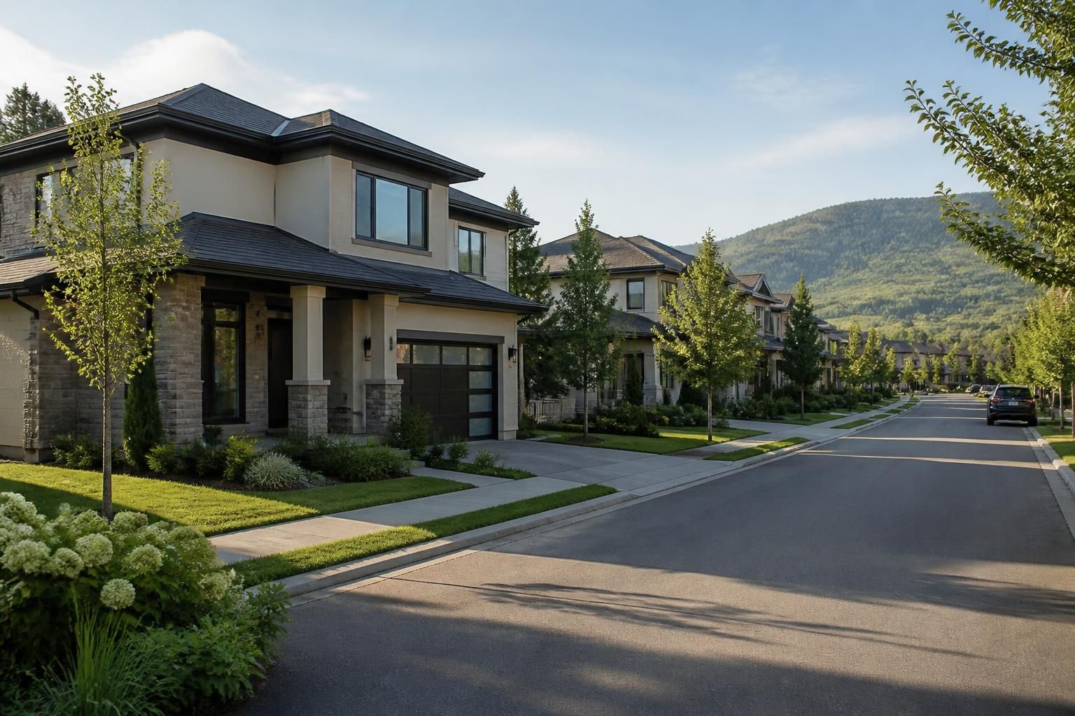 Clean residential street with modern homes in soft daylight