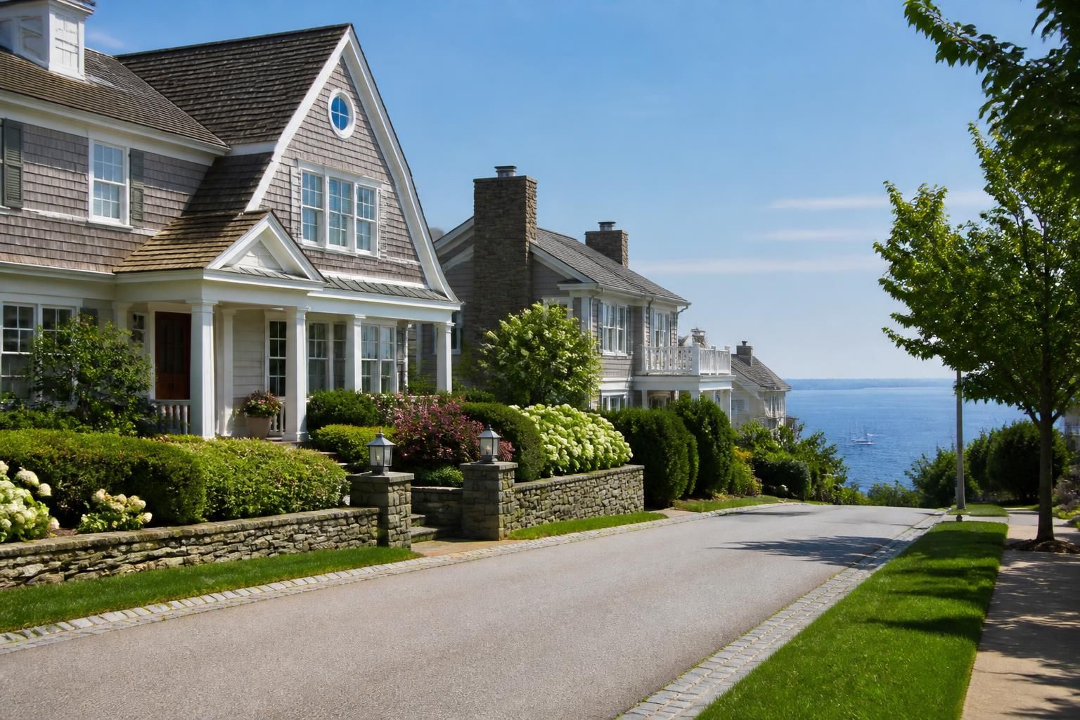 Elegant coastal homes with manicured landscaping and bright light