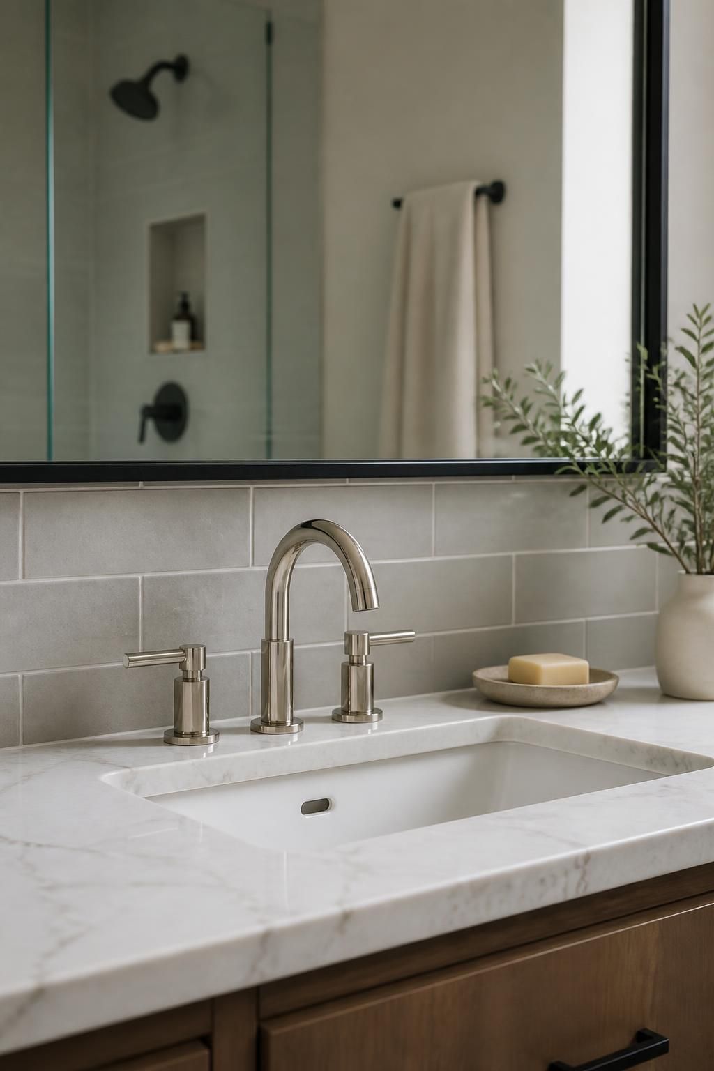 Finished bathroom vanity with polished faucet and clean tile