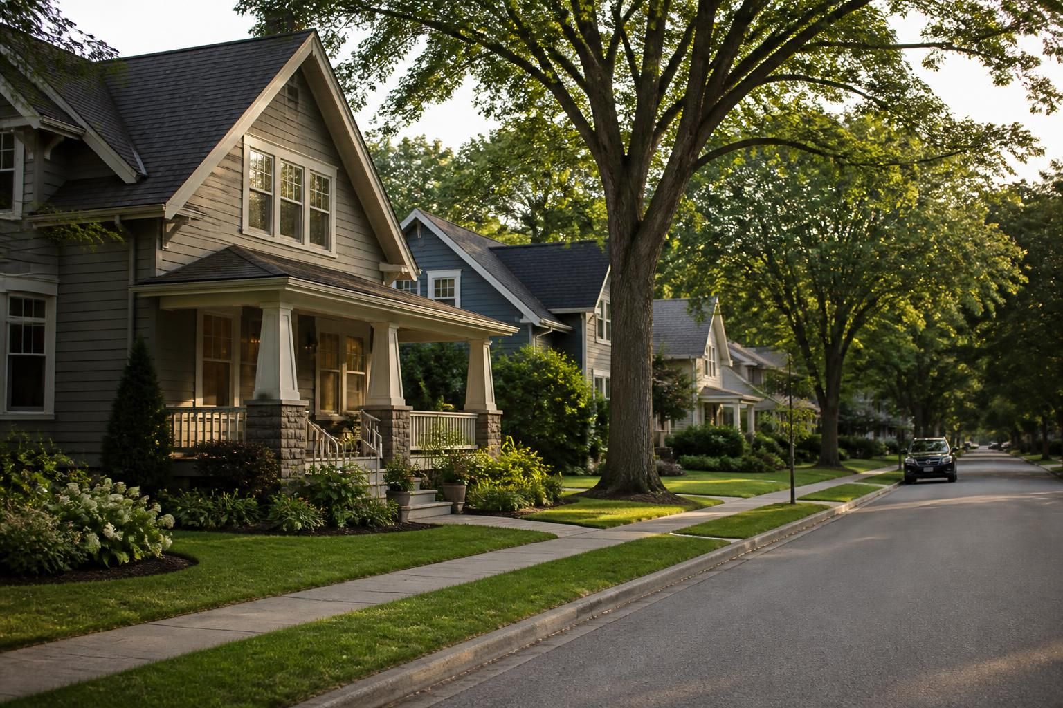 Quiet suburban street with tidy homes and mature trees