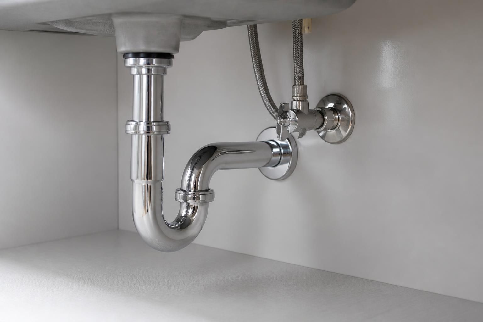 Clean sink area with a finished leak repair and dry surfaces