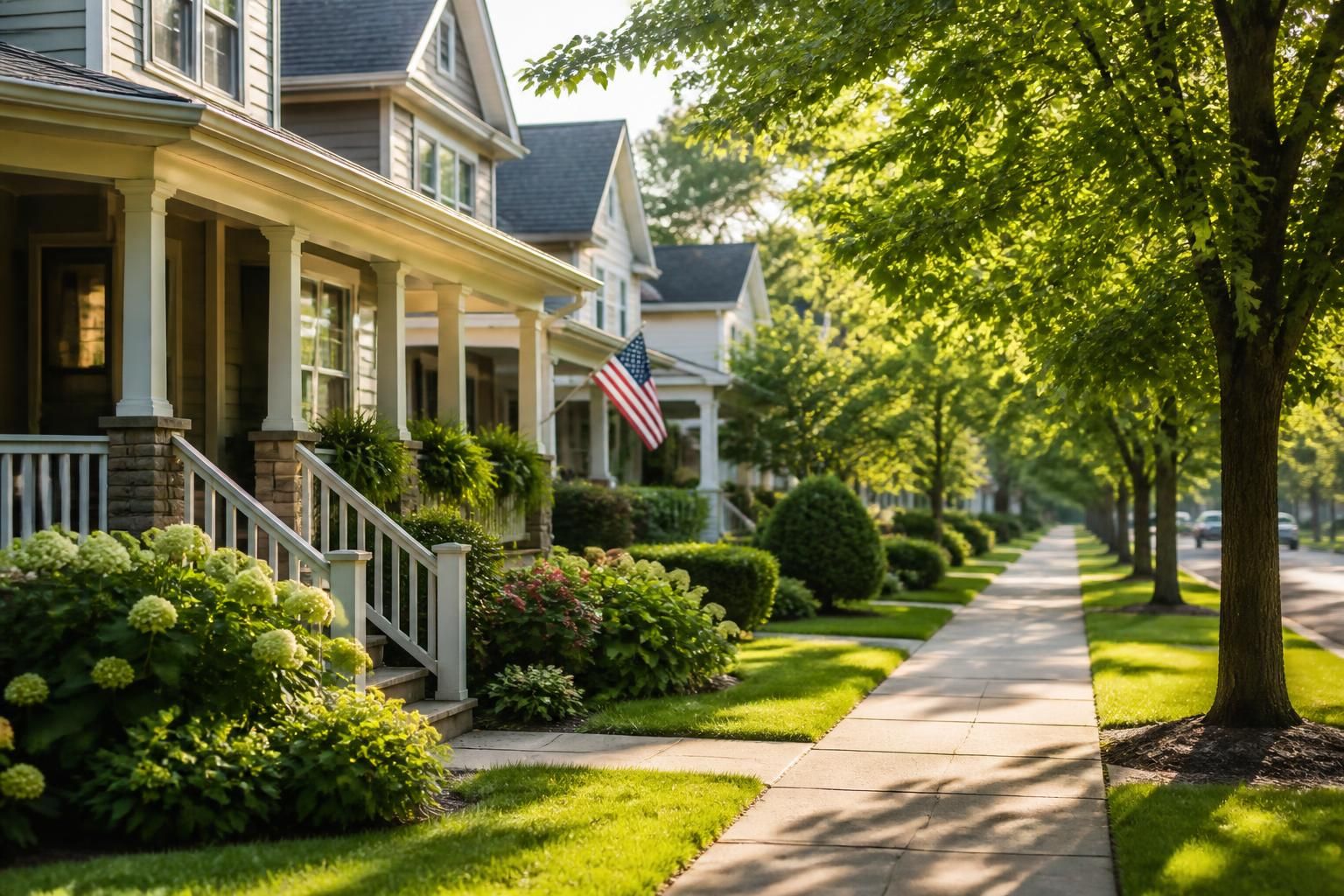 Well-kept homes and leafy greenery in warm afternoon light