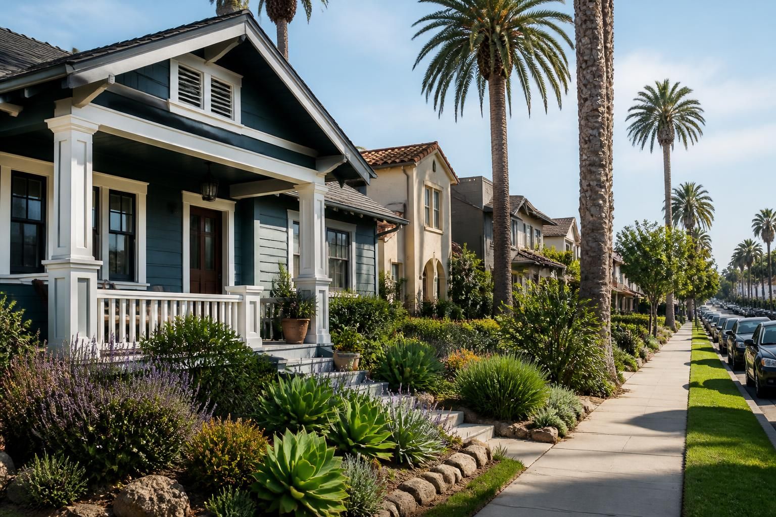 Palm-lined neighborhood street with tidy homes and calm atmosphere