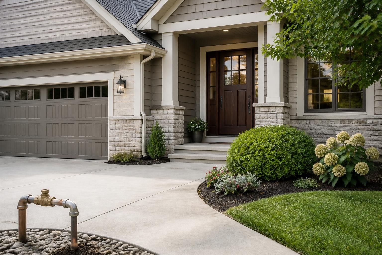 Well-kept home exterior with clean driveway and fresh plumbing work