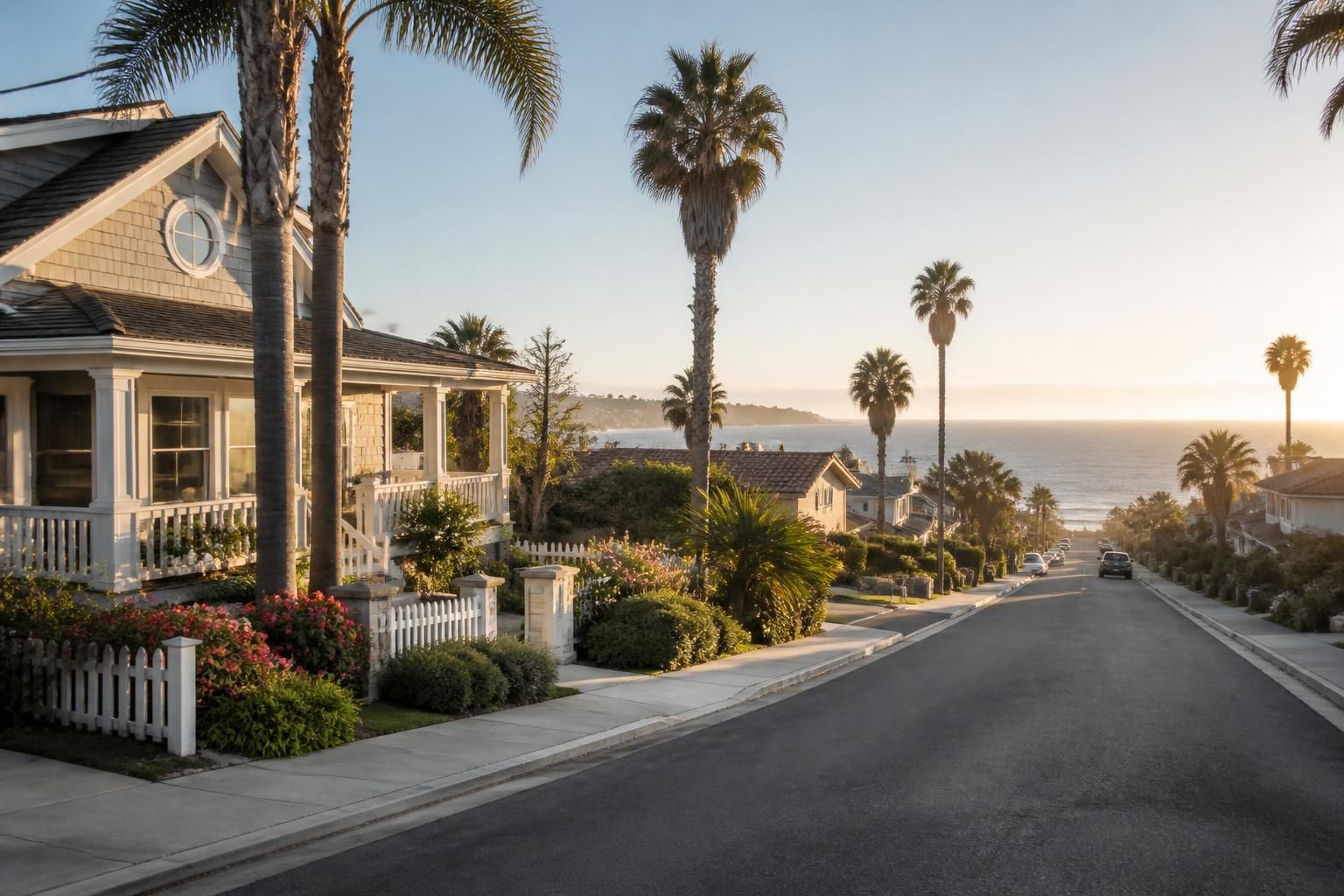 Welcoming coastal neighborhood with tidy homes and palm trees